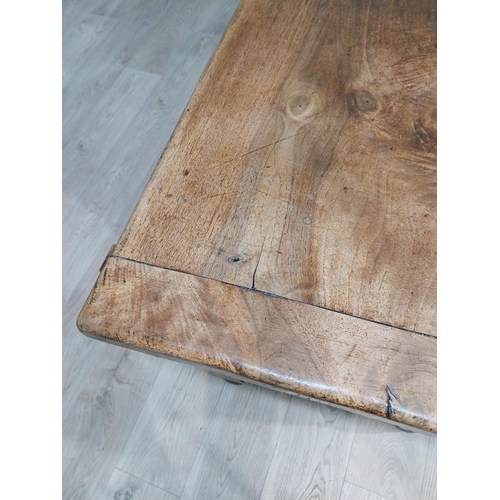 223 - Good quality oak country house kitchen table on turned legs with single stretcher. {74 cm H x 240 cm... 