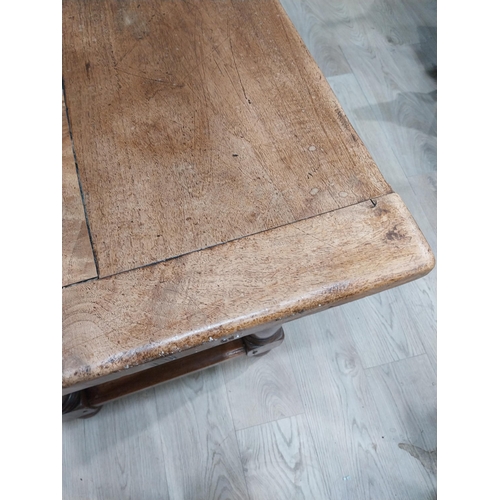 223 - Good quality oak country house kitchen table on turned legs with single stretcher. {74 cm H x 240 cm... 