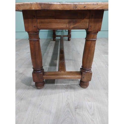 223 - Good quality oak country house kitchen table on turned legs with single stretcher. {74 cm H x 240 cm... 