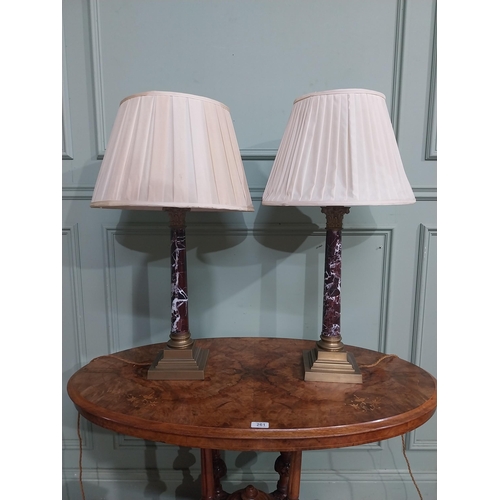 225 - Pair of Edwardian marble and brass Corinthian column table lamps with cloth shades. {73 cm H x 40 cm... 