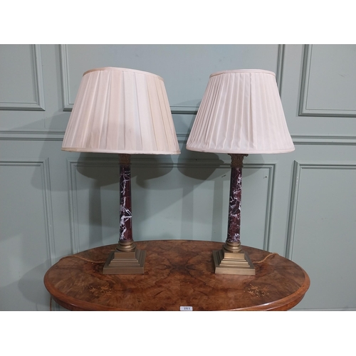 225 - Pair of Edwardian marble and brass Corinthian column table lamps with cloth shades. {73 cm H x 40 cm... 