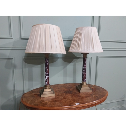 225 - Pair of Edwardian marble and brass Corinthian column table lamps with cloth shades. {73 cm H x 40 cm... 