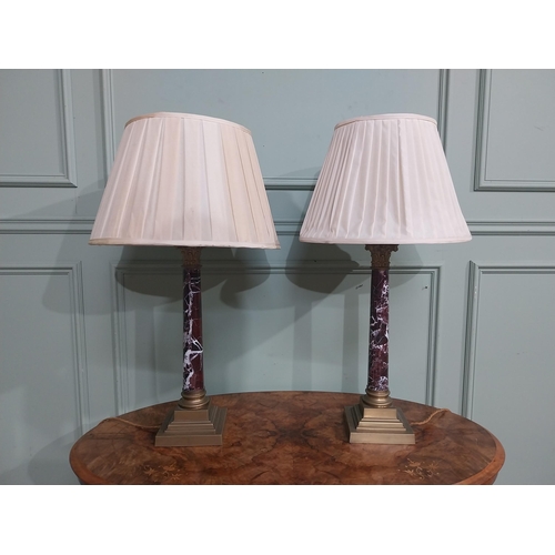 225 - Pair of Edwardian marble and brass Corinthian column table lamps with cloth shades. {73 cm H x 40 cm... 