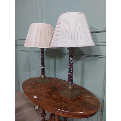 225 - Pair of Edwardian marble and brass Corinthian column table lamps with cloth shades. {73 cm H x 40 cm... 