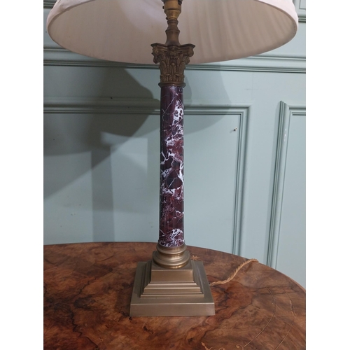 225 - Pair of Edwardian marble and brass Corinthian column table lamps with cloth shades. {73 cm H x 40 cm... 