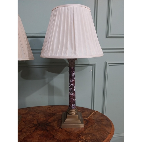 225 - Pair of Edwardian marble and brass Corinthian column table lamps with cloth shades. {73 cm H x 40 cm... 