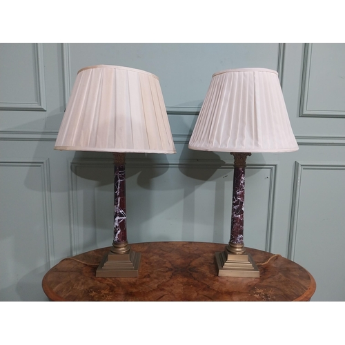 225 - Pair of Edwardian marble and brass Corinthian column table lamps with cloth shades. {73 cm H x 40 cm... 