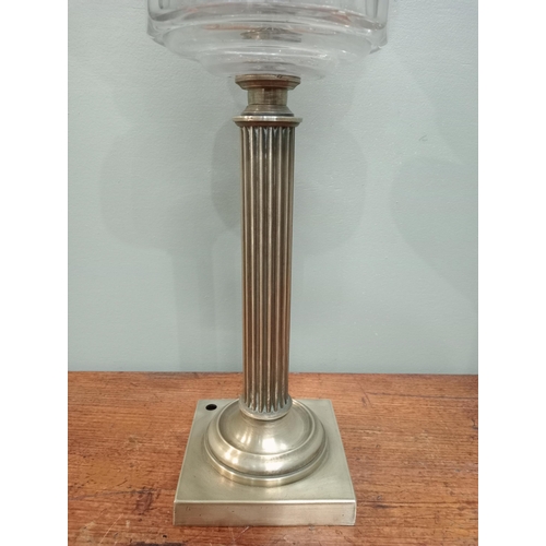 226 - Brass oil lamp with reeded column and glass bowl and shade. {H 72cm x Dia 19cm}.  NOT AVAILABLE TO V... 