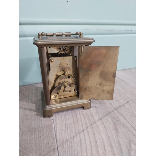 229 - Edwardian brass carriage clock by Bayard Paris. {12 cm H x 8 cm W x 6 cm D}.