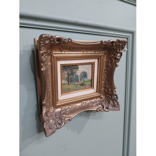 230 - R Nitche Elderly Lady oil on board mounted in gilt frame {40 cm H x 34 cm W} and Woodland Scene oil ... 