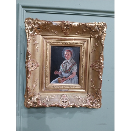 230 - R Nitche Elderly Lady oil on board mounted in gilt frame {40 cm H x 34 cm W} and Woodland Scene oil ... 