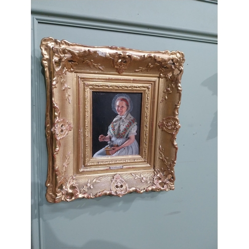 230 - R Nitche Elderly Lady oil on board mounted in gilt frame {40 cm H x 34 cm W} and Woodland Scene oil ... 