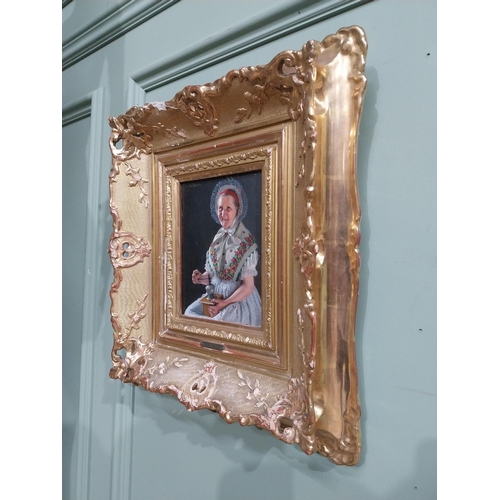 230 - R Nitche Elderly Lady oil on board mounted in gilt frame {40 cm H x 34 cm W} and Woodland Scene oil ... 