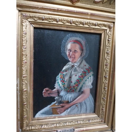 230 - R Nitche Elderly Lady oil on board mounted in gilt frame {40 cm H x 34 cm W} and Woodland Scene oil ... 