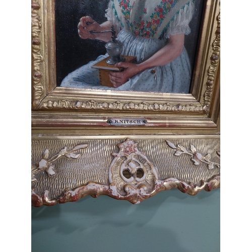 230 - R Nitche Elderly Lady oil on board mounted in gilt frame {40 cm H x 34 cm W} and Woodland Scene oil ... 