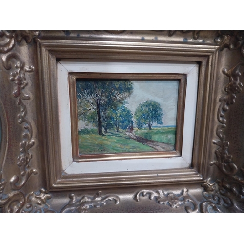 230 - R Nitche Elderly Lady oil on board mounted in gilt frame {40 cm H x 34 cm W} and Woodland Scene oil ... 