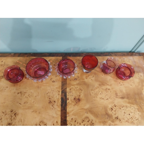 233 - Six pieces of Victorian ruby glass bowls and jug. {9 cm H to 7 cm H}