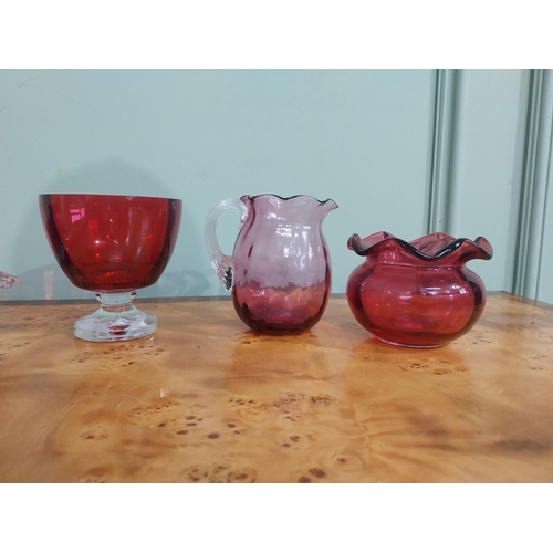 233 - Six pieces of Victorian ruby glass bowls and jug. {9 cm H to 7 cm H}