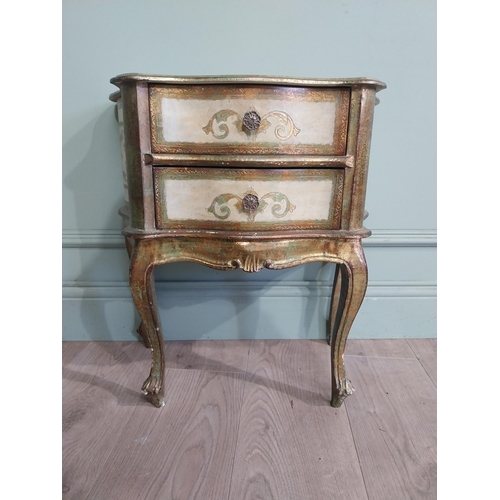 235 - Venetian gilded and painted serpentine front bedside locker on cabriole legs. {55 cm H x 54 cm W x 3... 