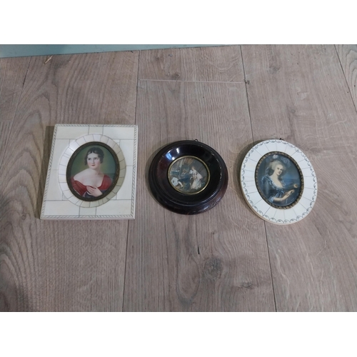 240 - Three miniatures mounted in bone and mahogany frames. {14 cm H x 12 cm W}, {13 cm W x 11 cm W} and {... 