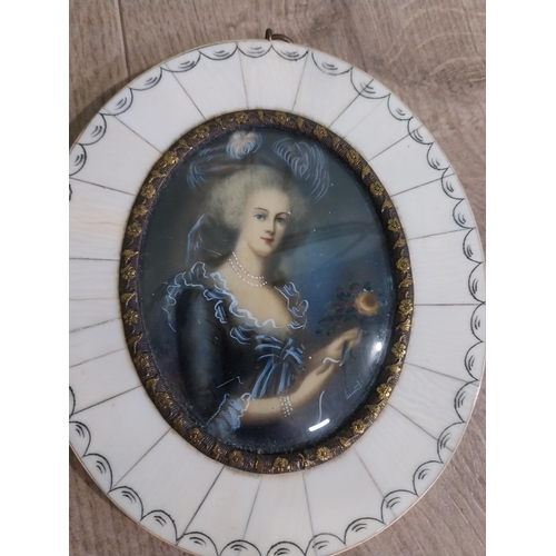 240 - Three miniatures mounted in bone and mahogany frames. {14 cm H x 12 cm W}, {13 cm W x 11 cm W} and {... 