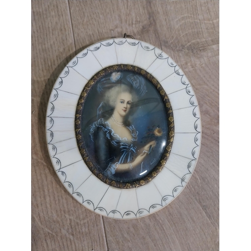 240 - Three miniatures mounted in bone and mahogany frames. {14 cm H x 12 cm W}, {13 cm W x 11 cm W} and {... 