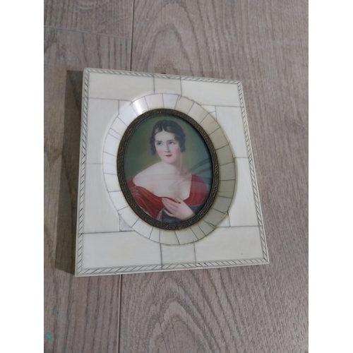 240 - Three miniatures mounted in bone and mahogany frames. {14 cm H x 12 cm W}, {13 cm W x 11 cm W} and {... 