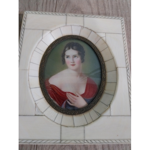 240 - Three miniatures mounted in bone and mahogany frames. {14 cm H x 12 cm W}, {13 cm W x 11 cm W} and {... 