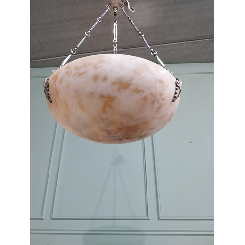 246 - Edwardian alabaster hanging light with silver plate gallery. {77 cm H x 46 cm Dia.}.