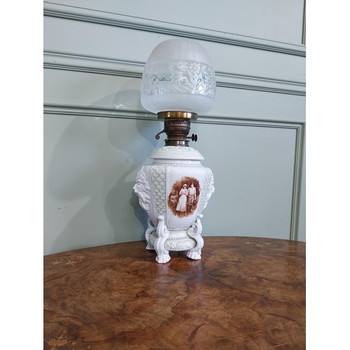 248 - Victorian hand painted oil lamp with frosted glass shade. {54 cm H x 23 cm Dia.}.