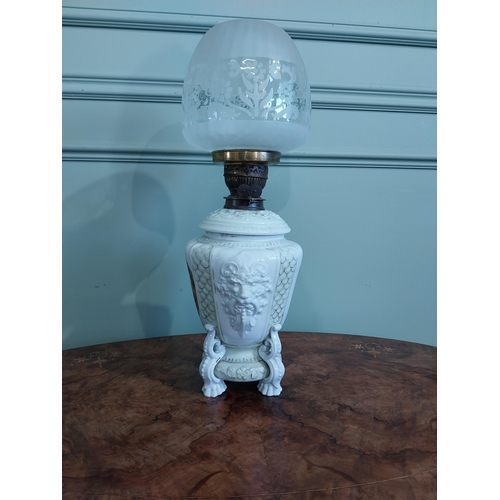 248 - Victorian hand painted oil lamp with frosted glass shade. {54 cm H x 23 cm Dia.}.