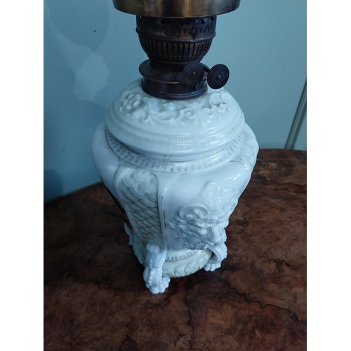 248 - Victorian hand painted oil lamp with frosted glass shade. {54 cm H x 23 cm Dia.}.