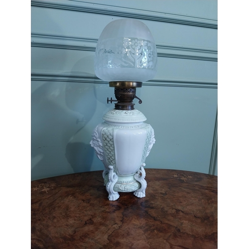 248 - Victorian hand painted oil lamp with frosted glass shade. {54 cm H x 23 cm Dia.}.