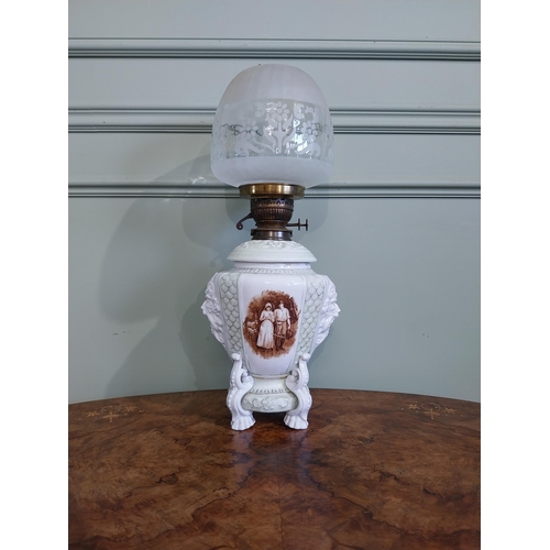 248 - Victorian hand painted oil lamp with frosted glass shade. {54 cm H x 23 cm Dia.}.