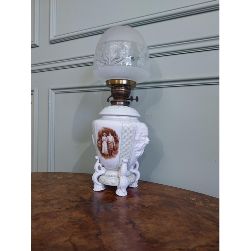 248 - Victorian hand painted oil lamp with frosted glass shade. {54 cm H x 23 cm Dia.}.