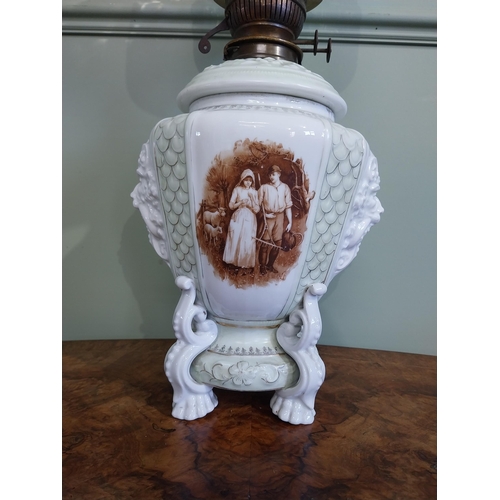 248 - Victorian hand painted oil lamp with frosted glass shade. {54 cm H x 23 cm Dia.}.