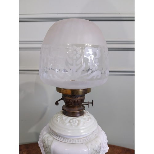 248 - Victorian hand painted oil lamp with frosted glass shade. {54 cm H x 23 cm Dia.}.