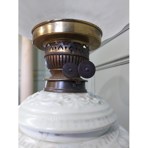 248 - Victorian hand painted oil lamp with frosted glass shade. {54 cm H x 23 cm Dia.}.