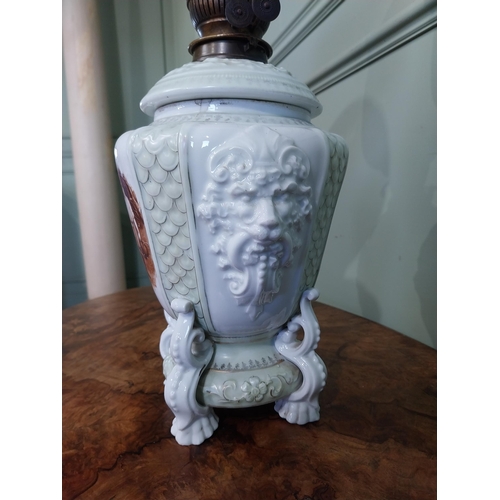 248 - Victorian hand painted oil lamp with frosted glass shade. {54 cm H x 23 cm Dia.}.