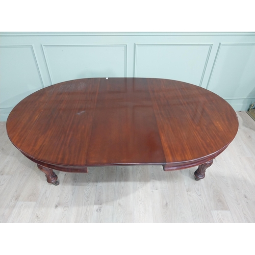 254 - Victorian mahogany D end dining table on four turned legs and brass castors. {73 cm H x 210 cm W x 1... 