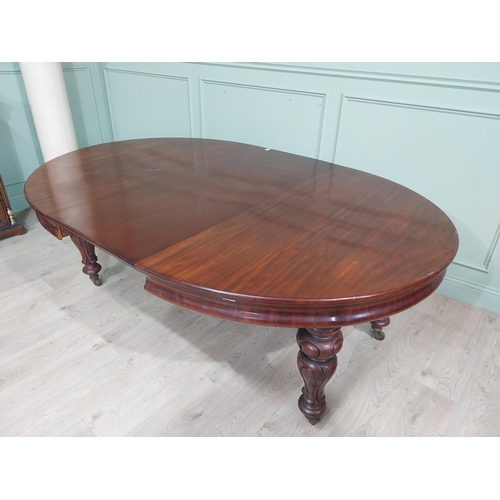 254 - Victorian mahogany D end dining table on four turned legs and brass castors. {73 cm H x 210 cm W x 1... 