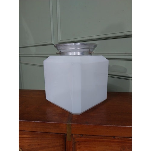 255 - Art Deco opaline glass shade with original chrome gallery. {25 cm H x 20 cm W x 20 cm D}.