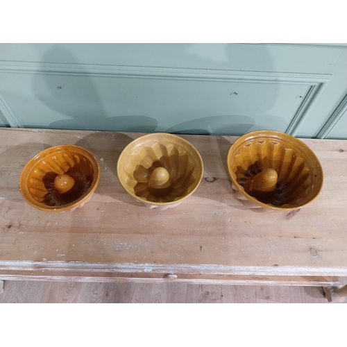 276 - Three early 20th C. Glazed terracotta Bundt cake moulds. {14 cm H x 25 cm Dia} to {11 cm H x 21 cm D... 