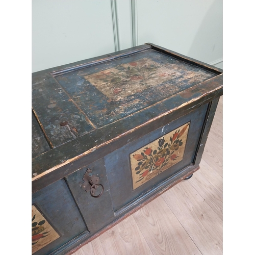 281 - 19th C. Hand painted French pine marriage chest. {65 cm H x 125 cm W x 51 cm D}