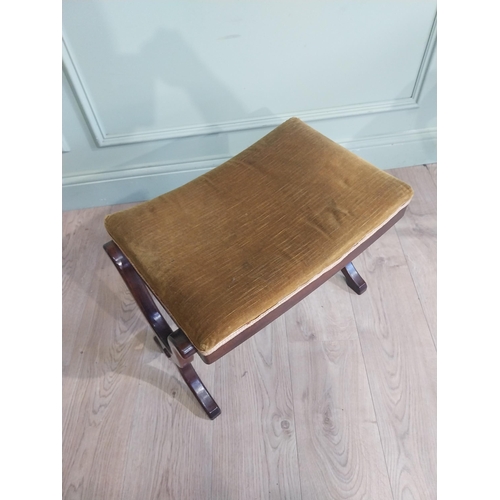 290 - Mahogany and upholstered stool in the Victorian style on x-frame supports with single turned stretch... 