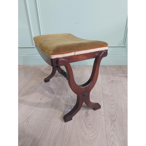 290 - Mahogany and upholstered stool in the Victorian style on x-frame supports with single turned stretch... 