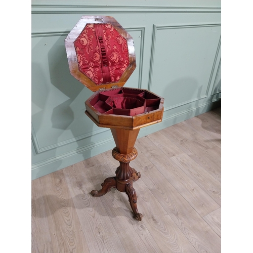 292 - 19th C. Burr walnut sewing table on turned column and tripod base. {81 cm H x 43 cm Dia.}.