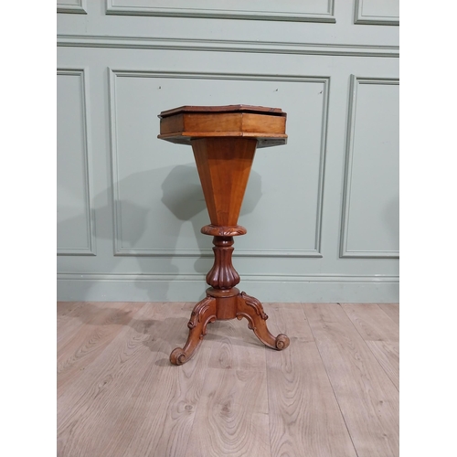 292 - 19th C. Burr walnut sewing table on turned column and tripod base. {81 cm H x 43 cm Dia.}.