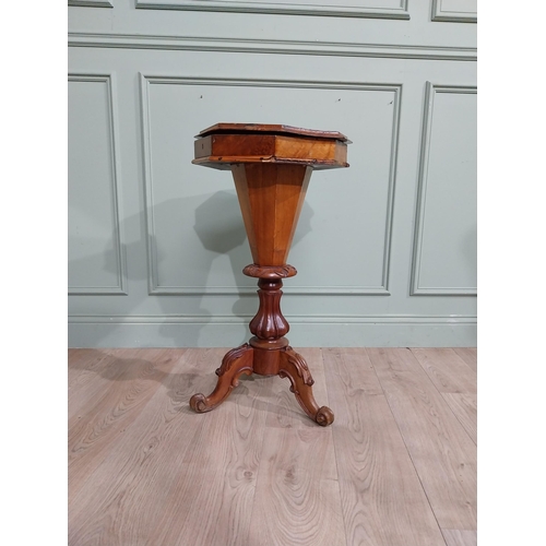 292 - 19th C. Burr walnut sewing table on turned column and tripod base. {81 cm H x 43 cm Dia.}.