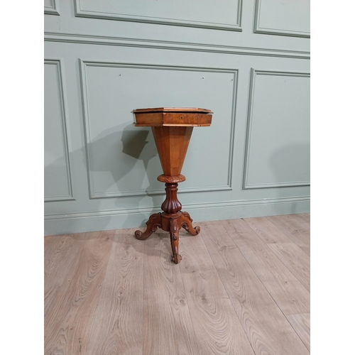 292 - 19th C. Burr walnut sewing table on turned column and tripod base. {81 cm H x 43 cm Dia.}.